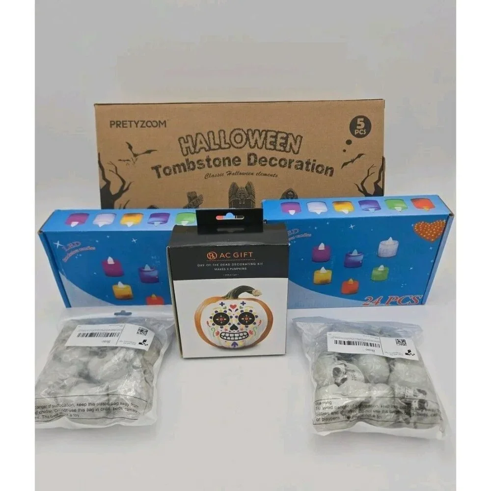 Halloween Party Kit 7 Piece In Total 3 Tombstones 16 Skulls 48 Lights Pumpkin
